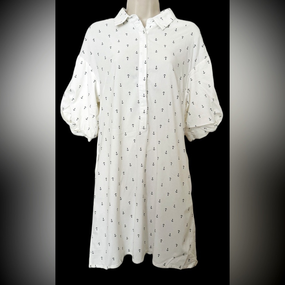 Esley Nautical Anchor White Puff Sleeve Button Front Stretchy Dress Pockets M
